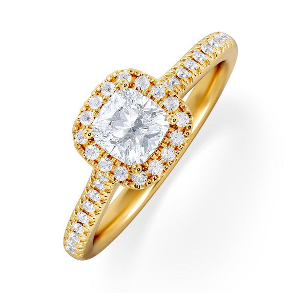 Lumia Cushion Cut Lab Diamond Halo Ring 0.70ct F/VS in 9K Gold